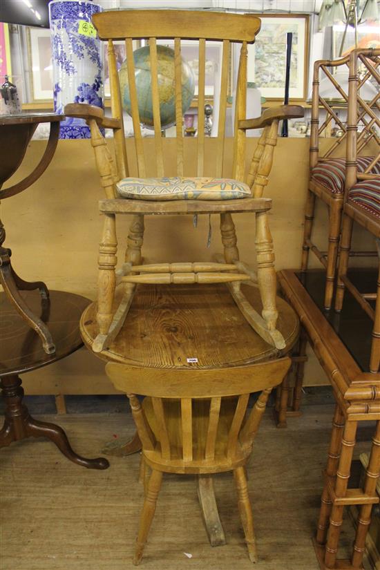 Pine circular topped table, an elm and beech rocking chair and a dining chair (3)